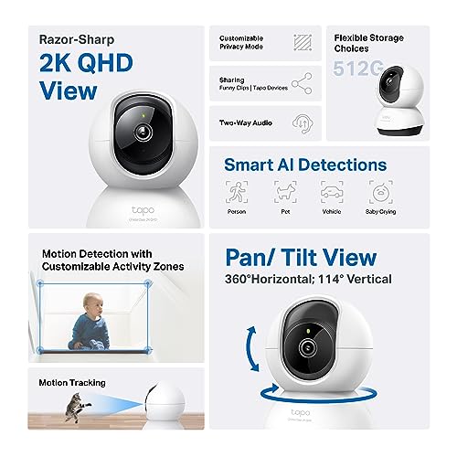 Tapo TP-Link 2K QHD Pan/Tilt Security Camera for Pet Camera, Baby Monitor, Motion Detection, Motion Tracking, 2-Way Audio, Night Vision, Cloud &SD Card Storage, Works w/Alexa & Google Home( C220)
