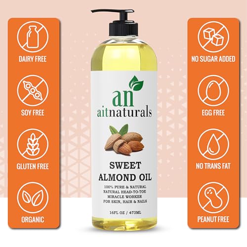 Aitnaturals Organic Sweet Almond Oil - 473ml | 100% Pure, Cold-Pressed | Ideal for Hair Growth, Nails, Glowing Skin and Face | Vitamin E Carrier Oil for Moisturizing, Facial Polish and Body Massages