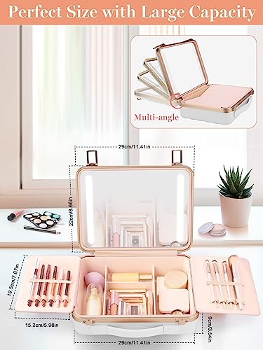 Kalolary Travel Makeup Train Cases with Lighted Mirror 3 Color Setting, Makeup Bag Cosmetic Case Organizer Adjustable Brightness Portable Makeup Storage Box For Makeup Brushes Accessories Tools,White