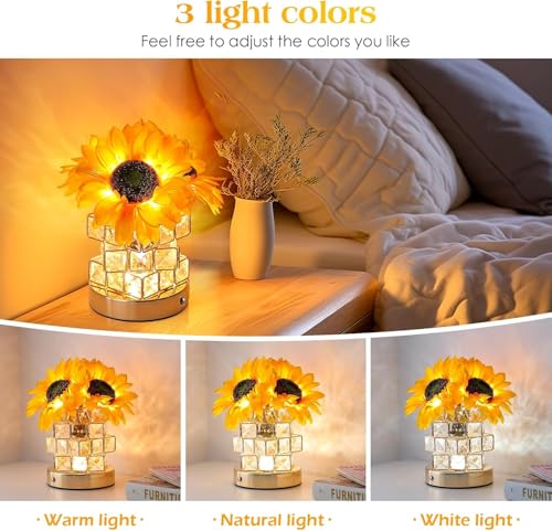 Sunflower Birthday Gifts Crystal Lamp,Flower Table Lamp USB Rechargeable,3 Color Dimming Night Light Bedroom Living Room Decoration,Valentine Day,Mothers Day,Christmas Day Gift (Sunflower)