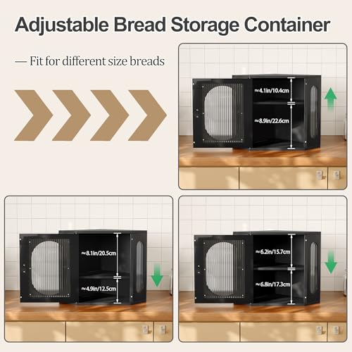 Alpeir Corner Bread Box, Solid Wood Double Layer Adjustable Large Capacity, Farmhouse Vintage Kitchen Countertop Organizer with Acrylic Window, Black