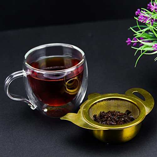 Tealand Durable Stainless Steel Fine Mesh Gold Infuser with Tray Perfect Size Suitable To Any Teapot Mugs Cups To Steep Green Black Herbal Oolong Loose Leaf Tea 10x7.3cm