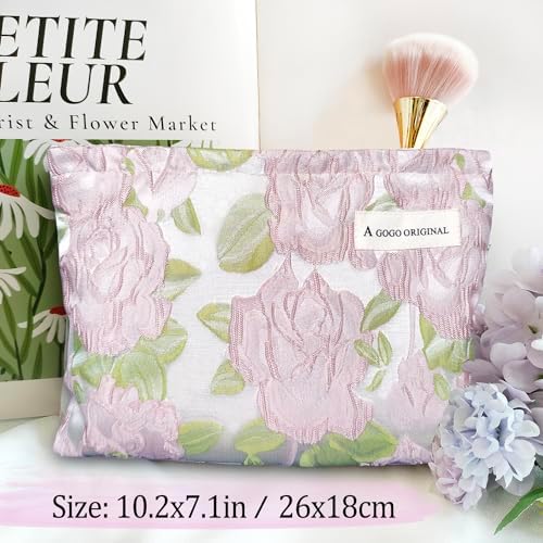 STARDW Flower Cosmetic Bags Makeup Bags for Women and Girls,Travel Makeup Bag Large Capacity Canvas Makeup Bag,Makeup Organizer Bag Zipper Pouch, Embossed pink, Large Capacity Aesthetic Makeup Bags