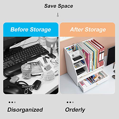 BlayaAdd Desk Organizer with Pen Holder, DIY White Office Stationery Desktop Storage Holder Sorter with Drawer for Home, Office and School (PB04)