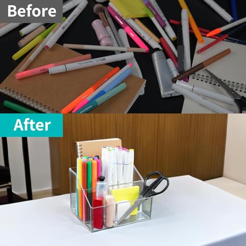 Acrylic Desk Organizer, Clear Pen Holder and Pencil Holder Display Stand, Office Supplies Accessories, 5 Compartments Stationary Pen Organizer for Office School Home Makeup Desktop Organization
