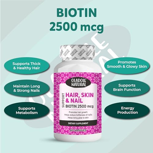 Oladole Natural Biotin 2500mcg - 60 Capsules | High Potency B Vitamin Blend For Stronger Hair, Radiant Skin, Long Nails, Supports Energy Beauty Support | Gluten-Free, Non-GMO