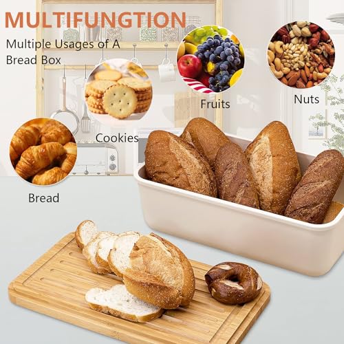 Angju Bread Box With Bamboo Wood Cutting Board Lid & Bread Slicer Holder, Rectangular Cream Color Bread Container For Kitchen Countertop, 40.5 * 21 * 13cm, Bread Storage Container