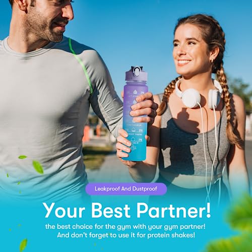 BPA 3 Pack Sport Healthy Water Bottle 2L+900ml+500ml Motivational Time Marker,Straw,Phone Holder, Plastic, Adults Kids Fitness Office Gym Home Outdoor School Exercise Protein shake Leak Proof (Blue)