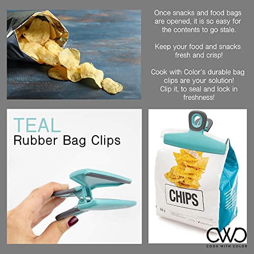 COOK WITH COLOR Chip Bag Clips Set of 4 - Food Clips, 5 Inches Wide Heavy Duty Chip Clips, Large Bag Clips for Food Storage Air Tight Seal Grip for Bread Bags, Snack Bags and Food Bags - (Teal)