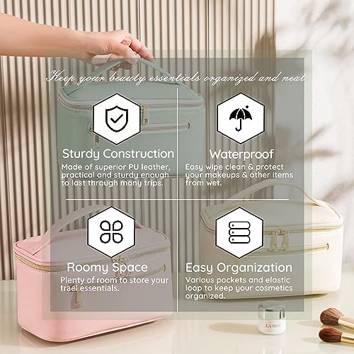 PawPawU Makeup Bag, Travel Cosmetic and Toiletry Organizer, Vegan Leather Waterproof Beauty Washbag with Handle to Keep Your Make up, Brushes, Skincare Products Organized (Beige)