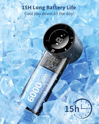 coldSky Portable Handheld Turbo Fan, 5 Speed Adjustable Personal Small Fan With Digital Display, Powerful High Speed 6000mAh Battery Operated Cooling Fan With Base For Outdoors, Travel, Home, Desk