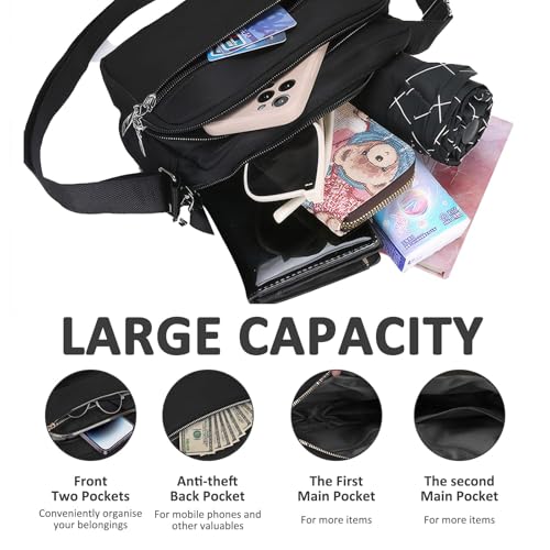 Crossbody Bag For Women With Multiple Pockets, Girls Shoulder Bag, Nylon Crossbody Bags, Phone Bag Waterproof With Adjustable Strap For Travel Shopping Outing Work Strolling (Black)