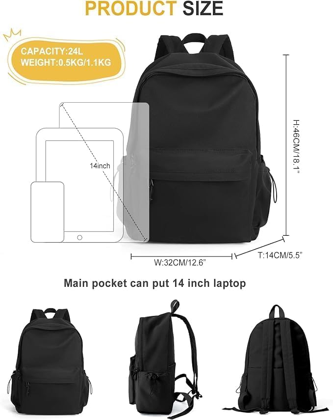 School Backpack Black Waterproof Bookbag Casual Lightweight Travel Rucksack Daypack Backpacks for Men Women College High School Bags backpack for Boys Girls Teens