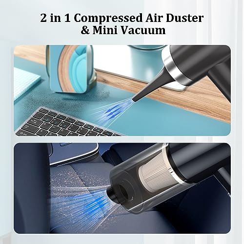 Xoopla 2 in 1 Car Vacuum & Air Duster Foldable Compressed Air Duster Rechargeable Portable Handheld Vacuum Cordless Keyboard Cleaner Air Blower & Mini Vacuum Cleaning for Car/Computer/House Black