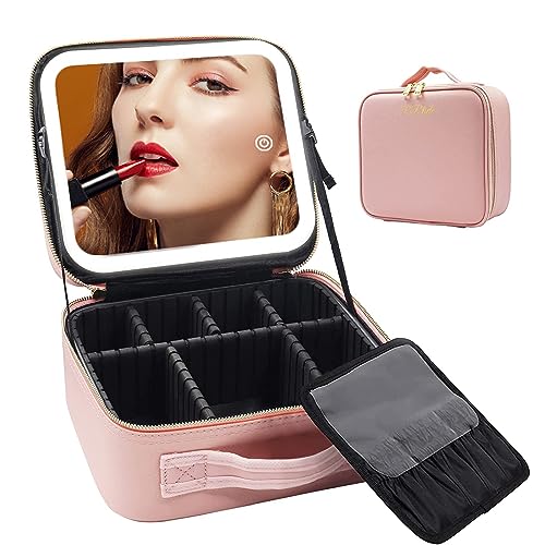 NBLE Travel Makeup Bag with LED Lighted Mirror, Adjustable Brightness LED Cosmetic Case with Divider Storage,Waterproof Portable Make Up Travel Box Accessories And Tools Case