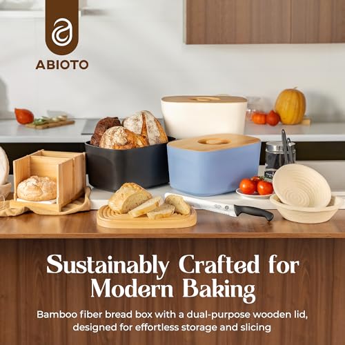 ABIOTO Modern Bread Box for Kitchen Counter Top with 2 Bread Bags (White) - Sturdy Modern Construction, Ribbed Design Keeps Bread Fresh Longer - Large Sourdough Bread Box with Cutting Board Lid