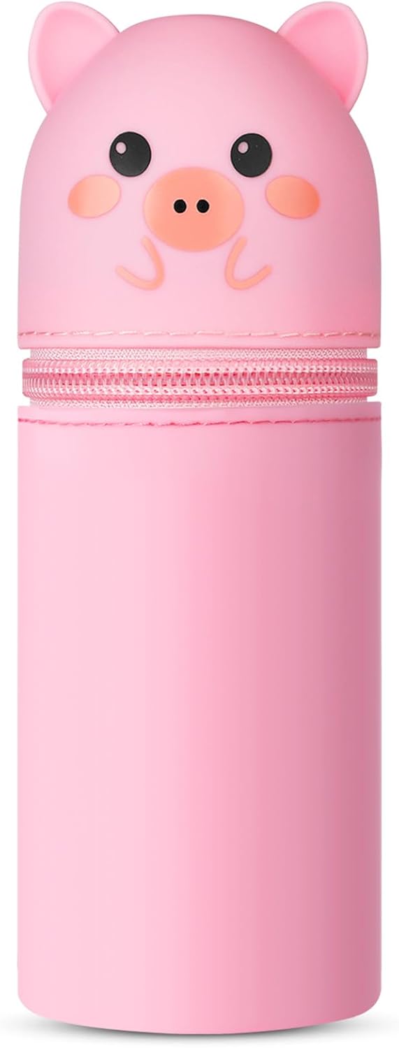 Vicloon Pencil Case, Pencil Case in Soft Silicone, 2 in 1 Silicone Pouches Big Capacity Desk Pen Holder, Retractable Capacity, Zipper Closure, Panda, Panda - Pink Pig