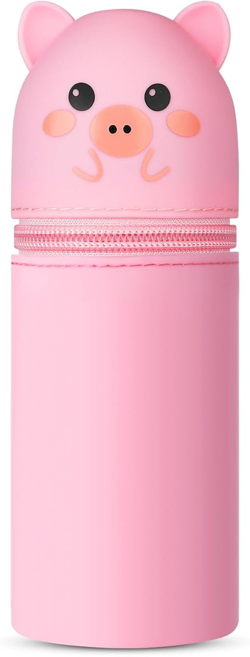 Vicloon Pencil Case, Pencil Case in Soft Silicone, 2 in 1 Silicone Pouches Big Capacity Desk Pen Holder, Retractable Capacity, Zipper Closure, Panda, Panda - Pink Pig