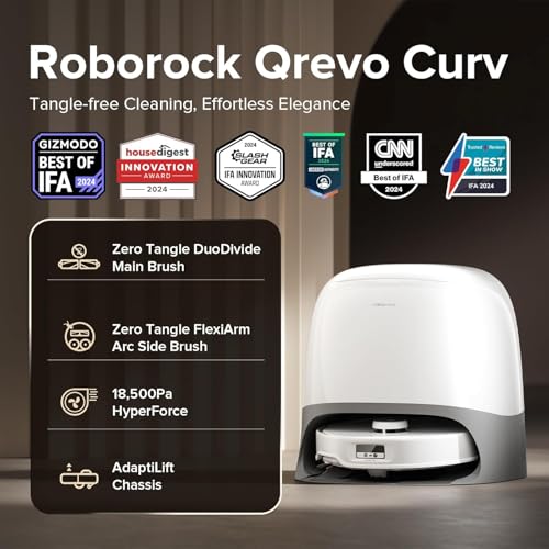 roborock Qrevo Curv Robot Vacuum and Mop, 18,500Pa Suction, Zero-Tangling, DuoDivide Main Brush, FlexiArm Arc Side Brush, FlexiArm Mop, AdaptiLift Chassis, Auto Mop Washing & Drying, Self-Emptying