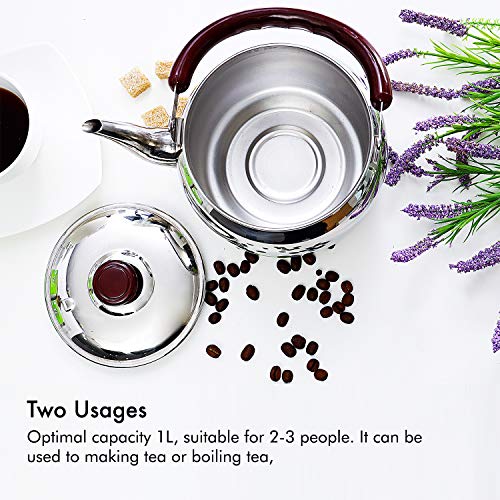 Royalford Stove Top Tea Kettle â€“ Large Capacity Stainless Steel Stove-top Tea Pot - Tea Coffee Pot Ideal for Home Office & Hotel â€“ Compact & Stylish Design with Heat Resistant Handle, 1 Liter