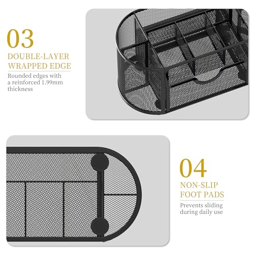 KASTWAVE Mesh Desk Organizer, Desk Organizer Stationery Storage, Pencil Holder for Desk with 9 Compartments and Mini Drawer, Wire Mesh Office Supplies Desk Accessories & Workspace Organizers (Black)