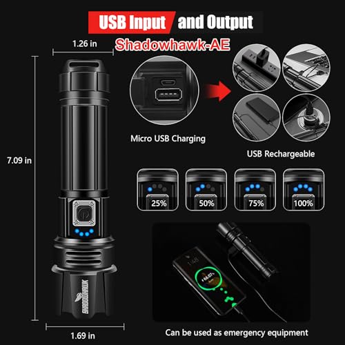Shadowhawk Flashlight Led USB Rechargeable, 10000 lumens Torch Light XHP70.2, Super Bright Tactical Flashlights, IP67 Waterproof Zoomable, for Outdoor Camping Hiking Emergency(with Battery)