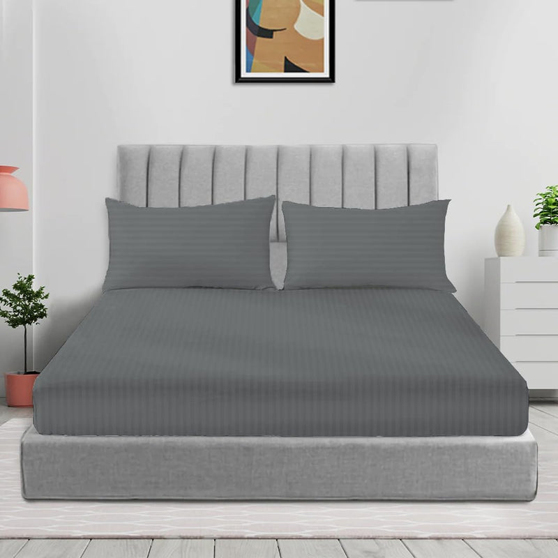 Sleep Well Microfiber Stripe Fitted Sheet with Pillowcase Set - 90x200+17cm (Beige) - Grey 200x200+17cm