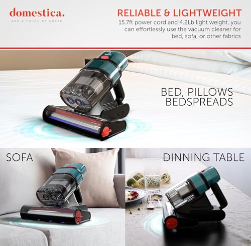 DOMESTICA Dustro Pro Handheld Mites Vacuum Cleaner for Bed | Dust Vacuum Cleaner for Sofa 16KPA Suction | Vacuums for Mattresses Home with Digital Display, UV-C, 45000Rpm & 60°C (Green)