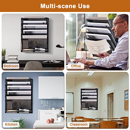 Wall File Organizer 5 Tier Metal Mesh Wall File Holder, Vertical Magazine Rack with Bottom Flat Tray Pockets Nametag Label, Office Hanging Folder Paper Document Storage Mail Sorter Bin for Home School