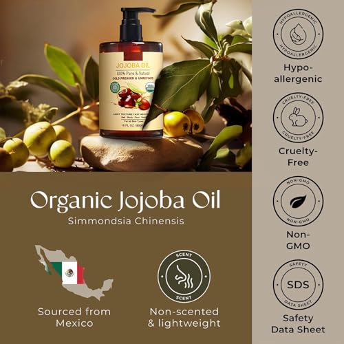 Nigwedete Organic Jojoba Oil (500 ml), USDA Certified, 100% Pure Natural Large Capacity Body Oil for Skin Face and Hair, Deep Moisturizing Anti-Aging Cold Pressed Unrefined for Women