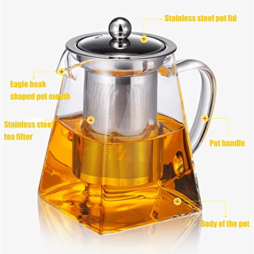 TAPIT 950ml Glass Teapot with Infuser, Borosilicate Glass Tea Kettle for Loose Leaf Tea, Transparent Teapot with Stainless Steel Removable Infuser,Microwavable and Stovetop Safe (950ml-Square)