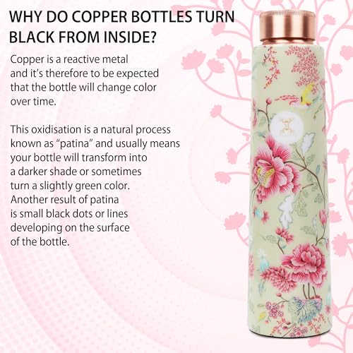 MERCAPE? - 100% Pure Joint Less Copper Bottles for Water with Leak Proof Lid | Ayurveda BPA Free & Non Toxic | Ayurvedic Office | Flower Print Bottle | Hiking Treking Bottle - 900ml