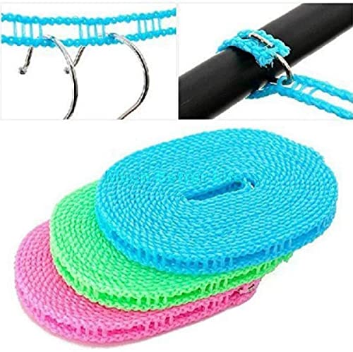 MAPPERZ Windproof Anti-Slip Removable Cloth Hanging Clothes Washing Line Drying Nylon Rope with Hooks/ Nylon Clothesline Rope - 5 Meter (Multicolor (3)