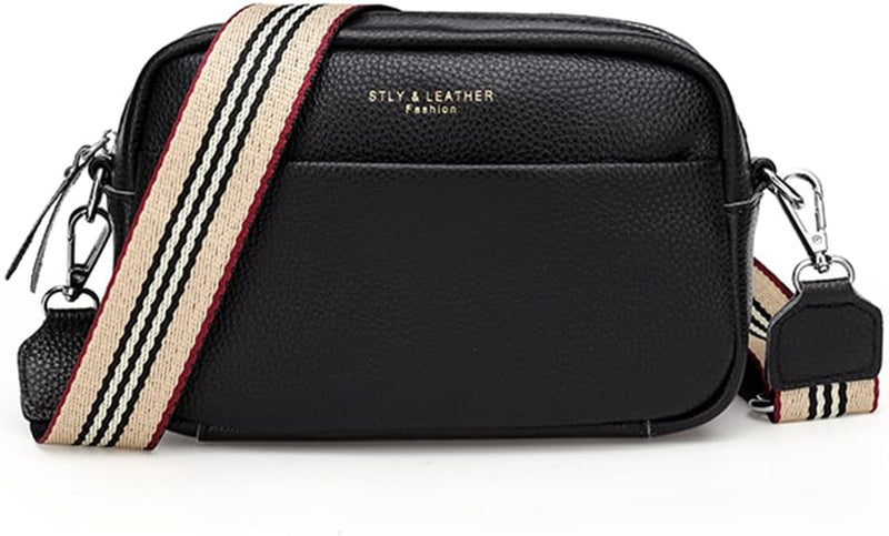 Crossbody Bag for Women Genuine Leather Wide Strap Shoulder Bag Purse Trendy Design Camera Crossbody Purse Top Zip - black