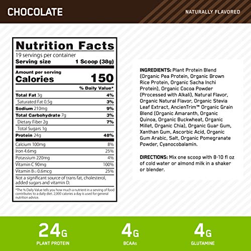 Optimum Nutrition (On) Gold Standard 100% Plant Based Protein Powder, Vitamin C For Immune Support - Chocolate, 1.59 Lbs