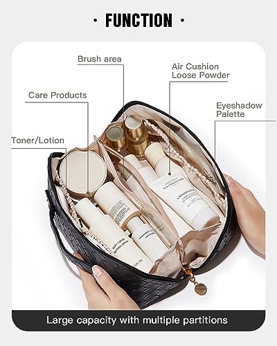 EACHY Travel Makeup Bag,Large Capacity Cosmetic Bags for Women,Waterproof Portable Pouch Open Flat Toiletry Bag Make up Organizer with Divider and Handle