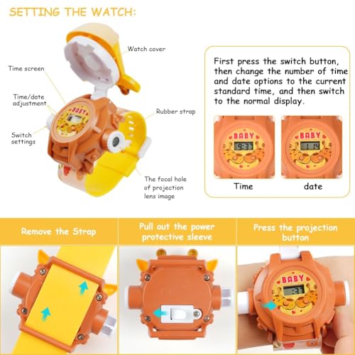 Kids Projection Watch – Adjustable Digital Projection Watch with 24 Animal Patterns, Flamshell Design, Time & Date Display, Fun Toy for Boys & Girls