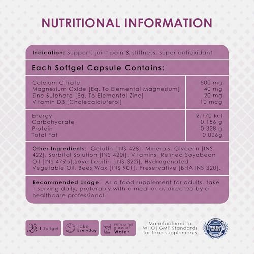 Ambrosial Calcium Magnesium Zinc & Vitamin D3 | High Potency calcium supplement for Healthy Bones, Muscles & Teeth | Highly Bioavailable Calcium citrate formula | Pack of 1-120 Softgels