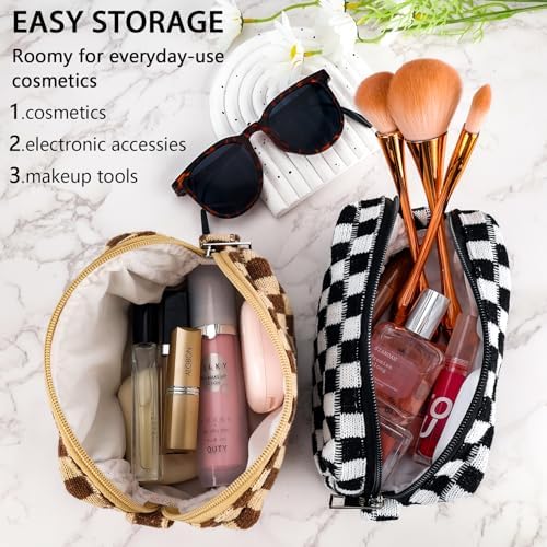 ZLFSRQ 3Pcs Checkered Makeup Bag for Women Large Cosmetic Bag Set Travel Toiletry Bag Makeup Pouch Bag for Purse Pink Zipper Storage Bag Organizer Cute Small Aesthetic Girls Car Essentials Bag