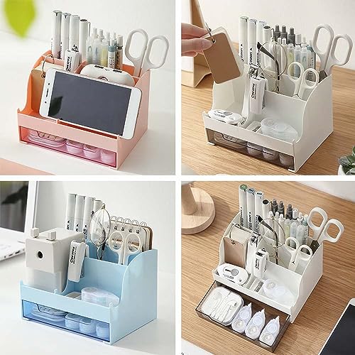 AMERTEER Mesh Desk Organizer | Office Supplies Multi-Functional Caddy Pen Holder | Stationery Organizer for Office Mesh Pen Holder, School, Home & Classroom Use | White 5 Compartments and 1 Drawer)