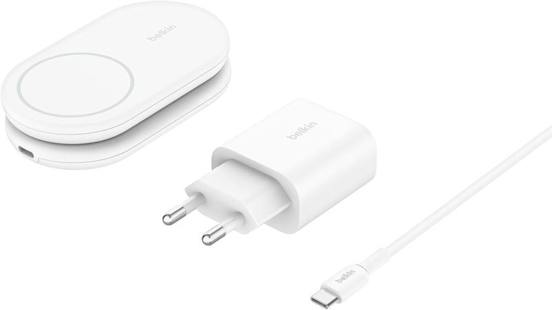 BoostCharge Magnetic Foldable Qi2 Charger 2 in 1 Power 15W MagSafe Compatible Wireless Charger for Apple iPhone 16/15/14/13 with Non-slip Base, Power Supply Included - Black - White