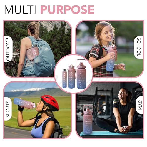 SPRINTERS - Large 2 Liters 64Oz BPA Free Multicolor Water Bottle - Leak Proof With Straw, Motivational Quote And Time Marker, Anti Slip For Sports,Fitness, Gym (Pink/Blue Pack Of 3)