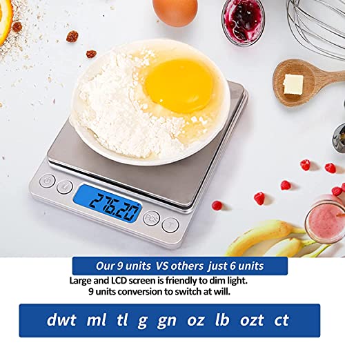 Nabelisen Grams Scale Ounce Mini Scale, 3000g by 0.1g Accuracy, Digital Food Kitchen Durable Scale for Baking,Jewelry, Herbs, Seasoning,9 Units Conversion,Tare Function, Trays Included,Silver