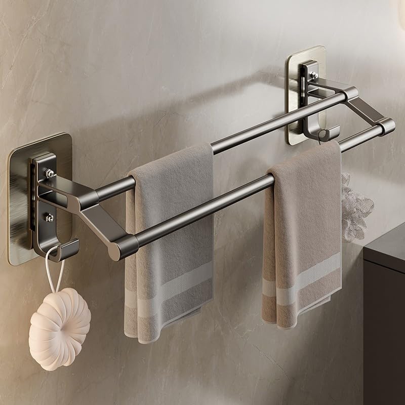TERRIFI 60cm Towel Rail - Self Adhesive Towel Bar, Anti-Rust Aluminium Rack Holder, No Drilling 2 Tier Double Rod Towel Shelf Storage with 2 Hooks, Wall Mounted for Bathroom, Kitchen, Shower