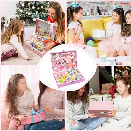 Beauenty Hair Accessories Set, Girls Hair Dress Up Kit with Jewelry Box, Hair Ties, Hair Clips, Princess Dress Up Toys Deluxe Set, Gift Toys for Age 3 4 5 6 7 8 9 10 Girls Kids Toddlers (Pink)