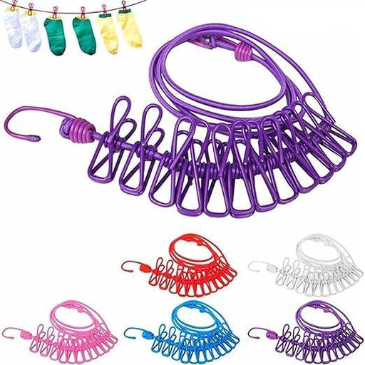 Wiikon Cloth Drying Rope with Two Sided Hooks, Elastic 12 Clips Cloth Hanging Rope Non-Slip Clotheslines for Outdoor Indoor Travel Laundry Drying Hanging Clothes (Pack of 2)