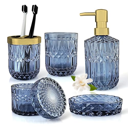 Topsky Blue Bathroom Accessory Set, Glass Bathroom Decor Countertop Organizer,5Pcs Bathroom Accessories with Lotion Dispenser(Cylindrical), Soap Dish, Toothbrush Holder, Tumbler, Cotton Swab Jars