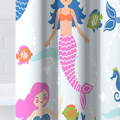 dream FACTORY Kids Fabric Shower Curtain for Bathroom, 72 in x 72 in (W x L), Light Blue Mermaid Dreams