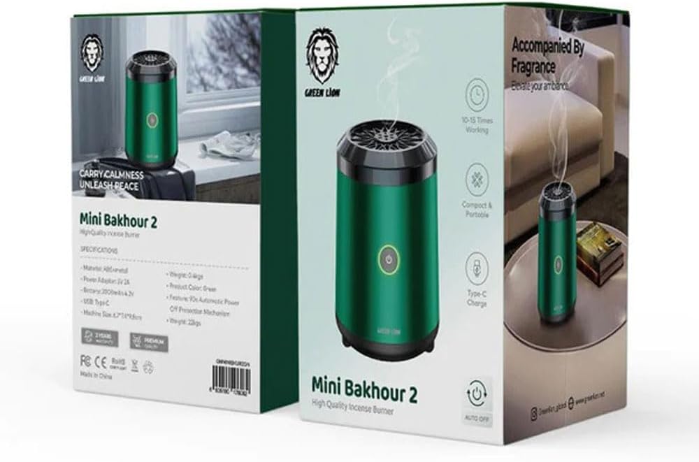 Green Lion Smart Bakhour Rechargeable Electric Car Incense Burner, USB-C Portable Mini Burner, Aluminum Alloy Design, Strong Power for Fast Burning, Long-Lasting Fragrance - Green