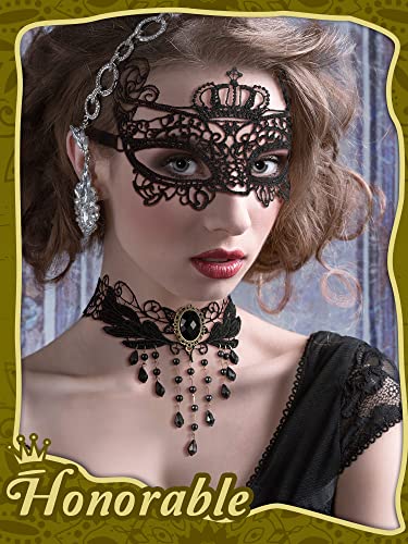 Excefore Masquerade Costume Set - Venetian Mask, Black Choker Lace Necklace, and Pattern Gloves for Women